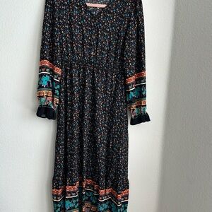 Black Floral Long-Sleeve Midi Dress with Decorative Border